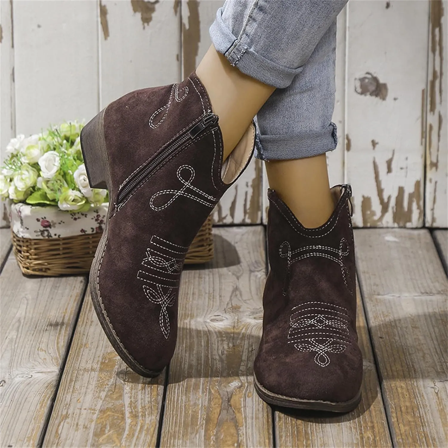 Western Ankle Boots for Women Cowgirl Boots for Women Classic Round Toe Bare Boots Side Zipper Low Heels Lightweight