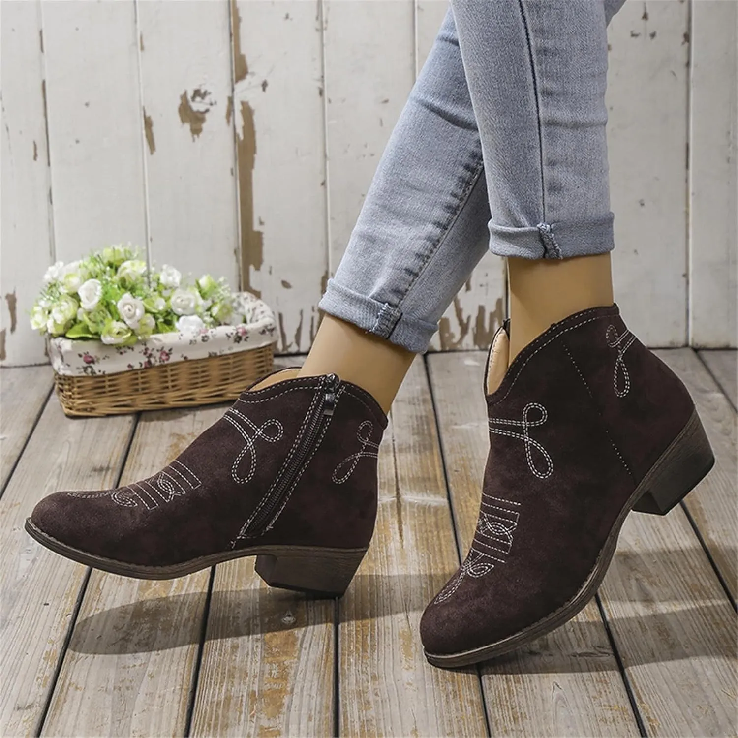 Western Ankle Boots for Women Cowgirl Boots for Women Classic Round Toe Bare Boots Side Zipper Low Heels Lightweight