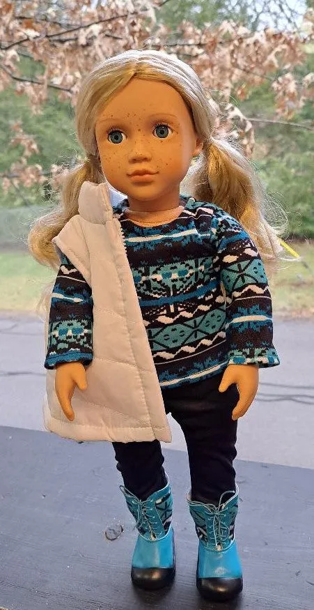 Winter Boho 5 Pc Outfit 18 inch Doll: Blue Ikat