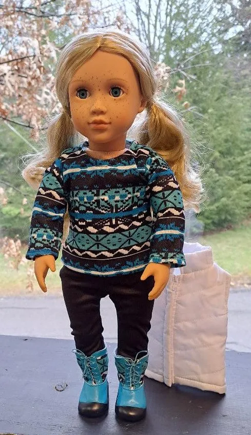 Winter Boho 5 Pc Outfit 18 inch Doll: Blue Ikat