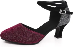Women Latin Dance Shoes Ankle Strap Heels for Ballroom Tango Salsa Closed Toe Cross Strap Rubber Sole