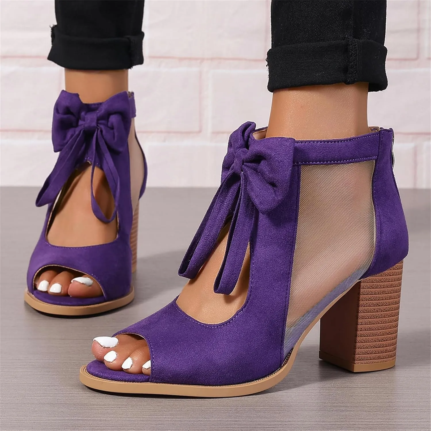 Womens Chunky High Heel Sandals Ankle Strap Open Toe Dress Shoes Cut Out Mesh Bows Strappy Sandals High Block Heels Peep Toe Summer Ankle Boots Fish Mouth Fashion Breathable Dressy Booties Shoes
