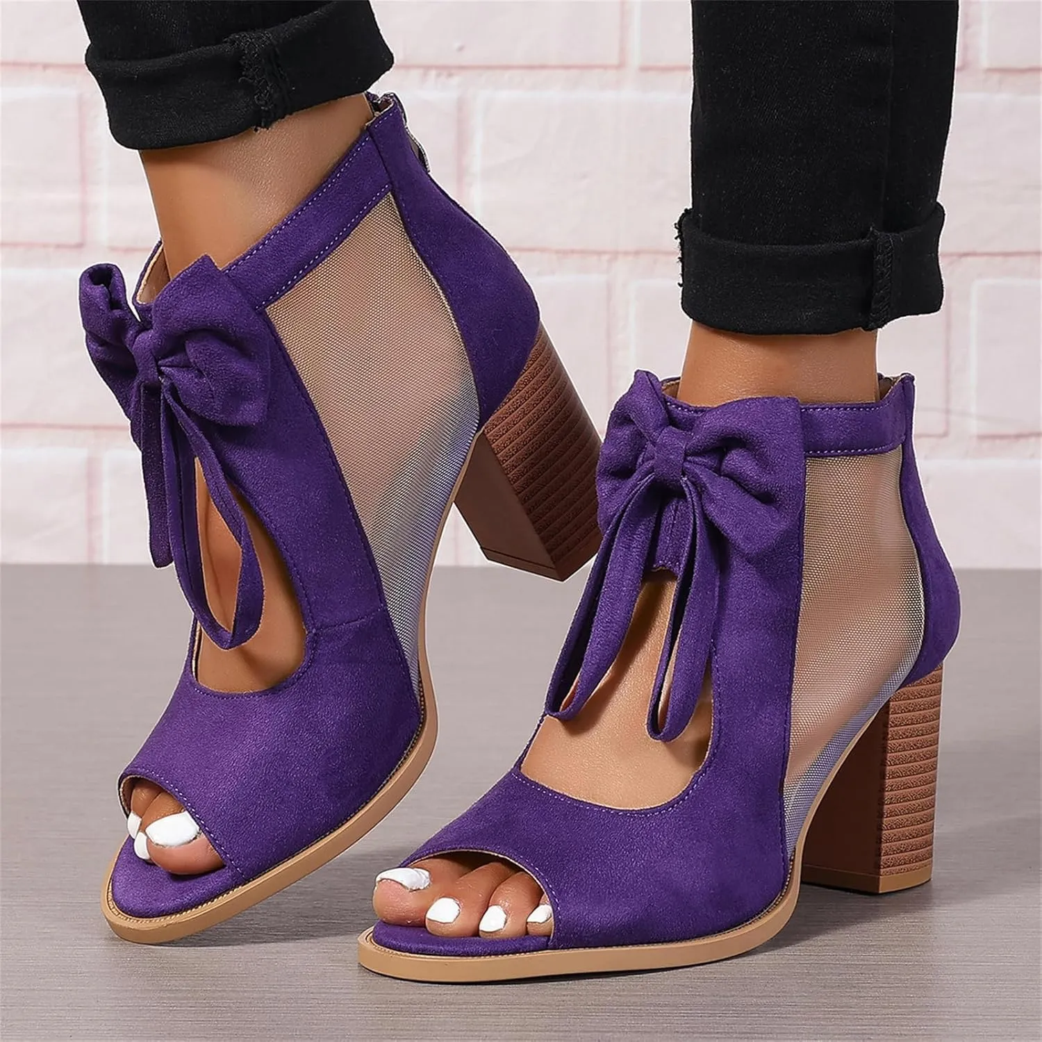 Womens Chunky High Heel Sandals Ankle Strap Open Toe Dress Shoes Cut Out Mesh Bows Strappy Sandals High Block Heels Peep Toe Summer Ankle Boots Fish Mouth Fashion Breathable Dressy Booties Shoes