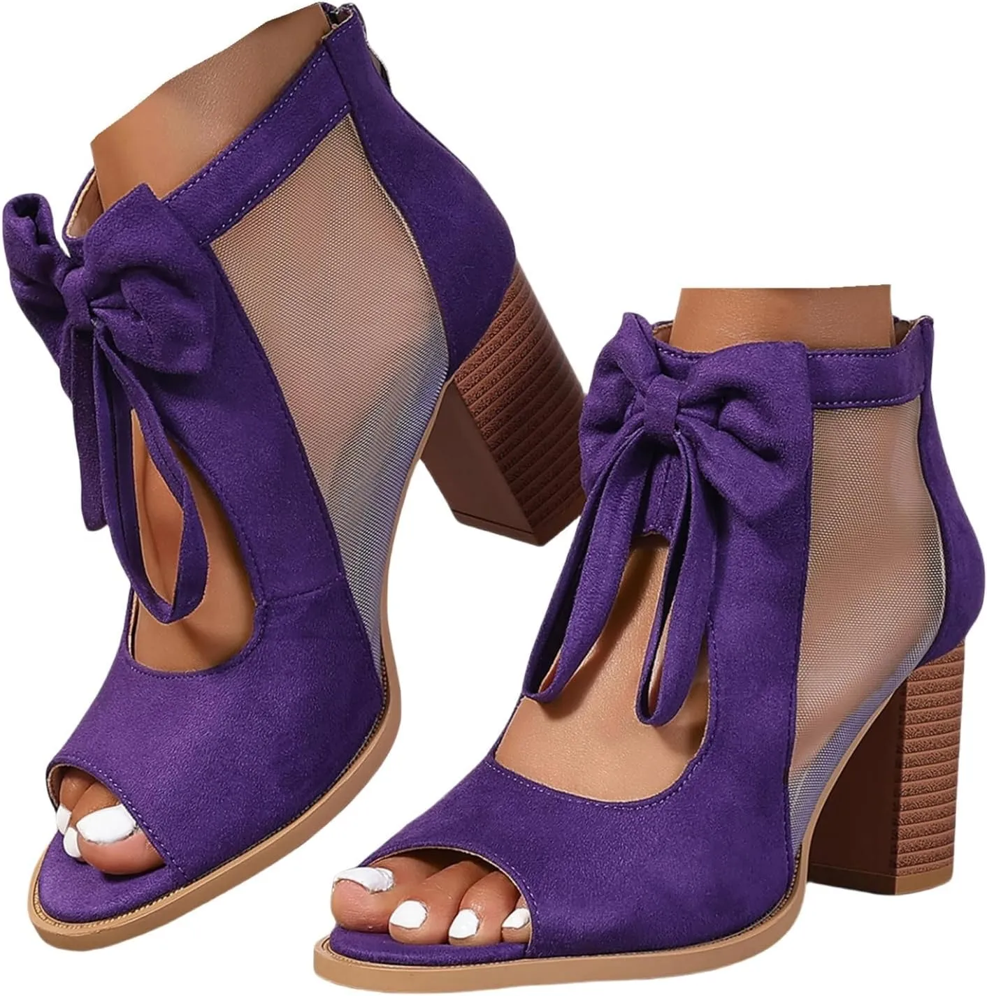 Womens Chunky High Heel Sandals Ankle Strap Open Toe Dress Shoes Cut Out Mesh Bows Strappy Sandals High Block Heels Peep Toe Summer Ankle Boots Fish Mouth Fashion Breathable Dressy Booties Shoes