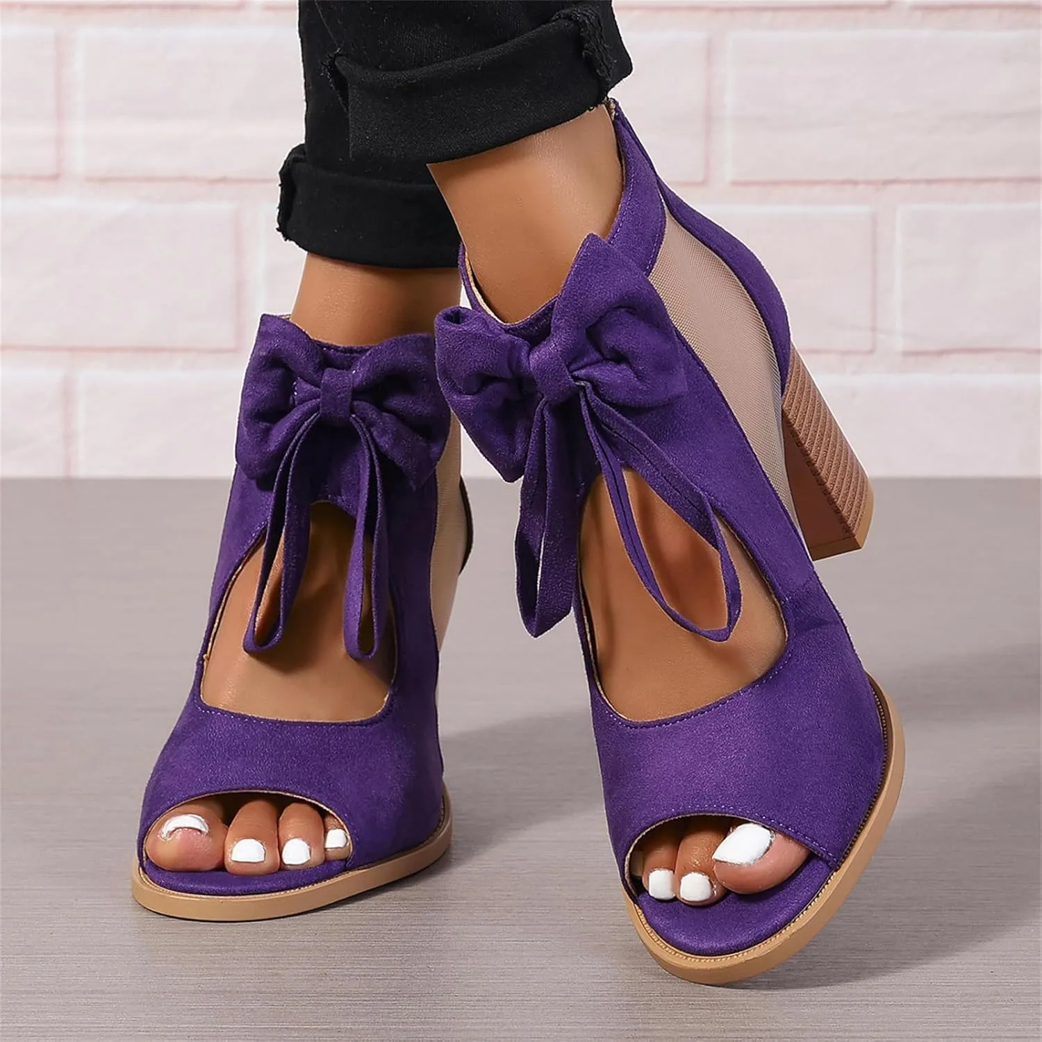 Womens Chunky High Heel Sandals Ankle Strap Open Toe Dress Shoes Cut Out Mesh Bows Strappy Sandals High Block Heels Peep Toe Summer Ankle Boots Fish Mouth Fashion Breathable Dressy Booties Shoes