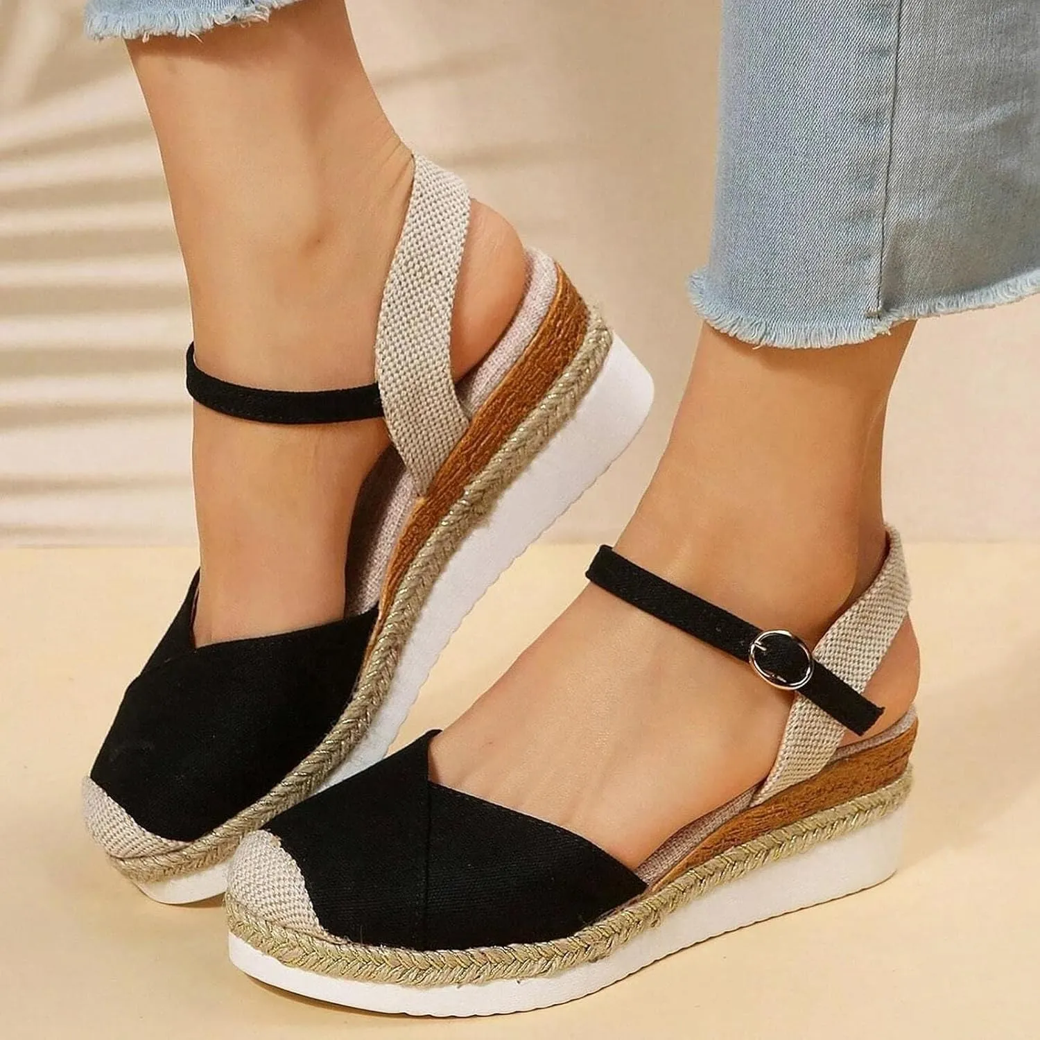 Women's Closed Toe Platform Sandals Summer Buckle Ankle Strap Espadrilles Wedge Sandals Slip On Slingback Dress Comfortable Adjustable Roman Sandal Beach Going Out Work Office Fashion Espadrille Shoes
