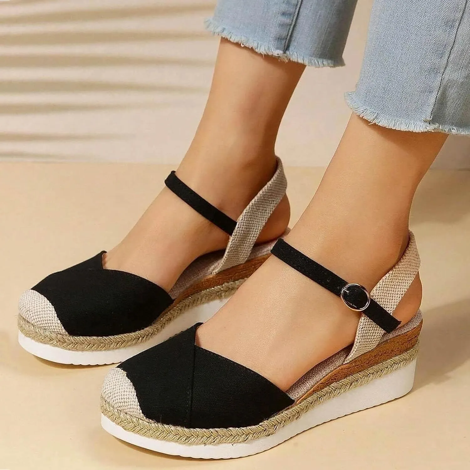 Women's Closed Toe Platform Sandals Summer Buckle Ankle Strap Espadrilles Wedge Sandals Slip On Slingback Dress Comfortable Adjustable Roman Sandal Beach Going Out Work Office Fashion Espadrille Shoes