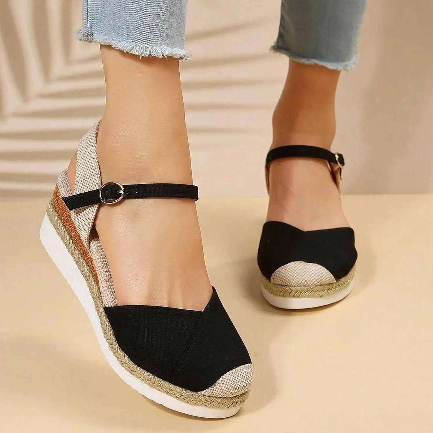 Women's Closed Toe Platform Sandals Summer Buckle Ankle Strap Espadrilles Wedge Sandals Slip On Slingback Dress Comfortable Adjustable Roman Sandal Beach Going Out Work Office Fashion Espadrille Shoes