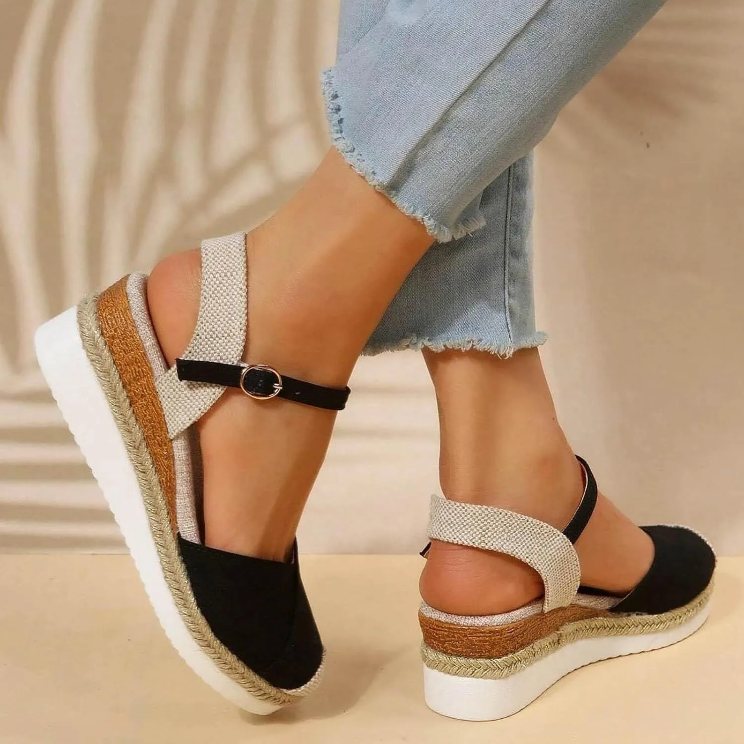 Women's Closed Toe Platform Sandals Summer Buckle Ankle Strap Espadrilles Wedge Sandals Slip On Slingback Dress Comfortable Adjustable Roman Sandal Beach Going Out Work Office Fashion Espadrille Shoes