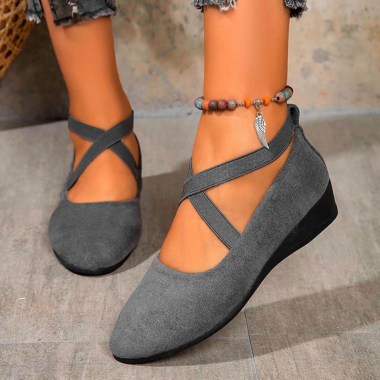 Women's Comfortable Fashion Elastic Criss-Cross Ankle Flats Shoes Close Toe Slingback Slip On Ballet Shoes Dressy Casual Soft Soles Slides Footwear Lightweight Breathable Walking Shoe