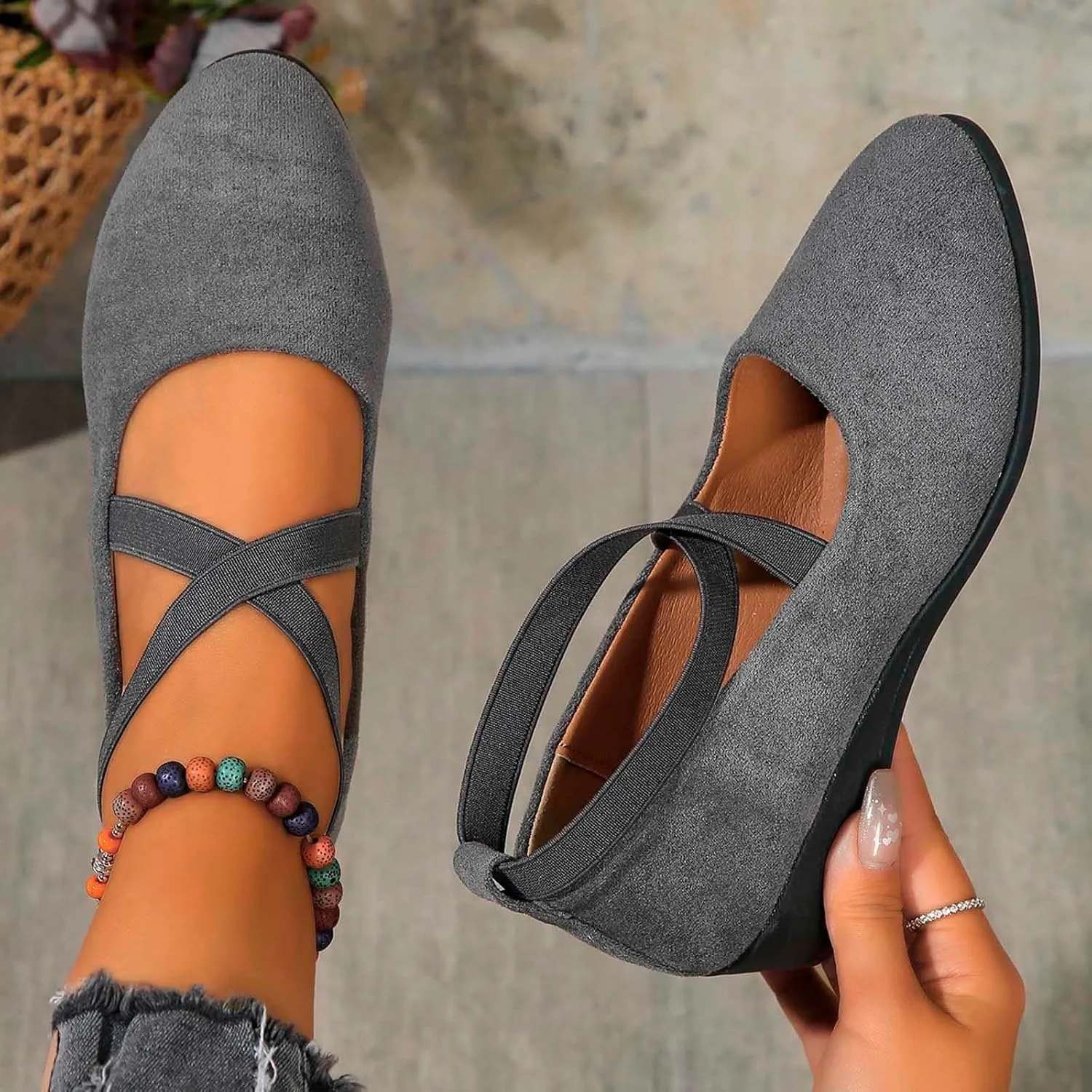 Women's Comfortable Fashion Elastic Criss-Cross Ankle Flats Shoes Close Toe Slingback Slip On Ballet Shoes Dressy Casual Soft Soles Slides Footwear Lightweight Breathable Walking Shoe