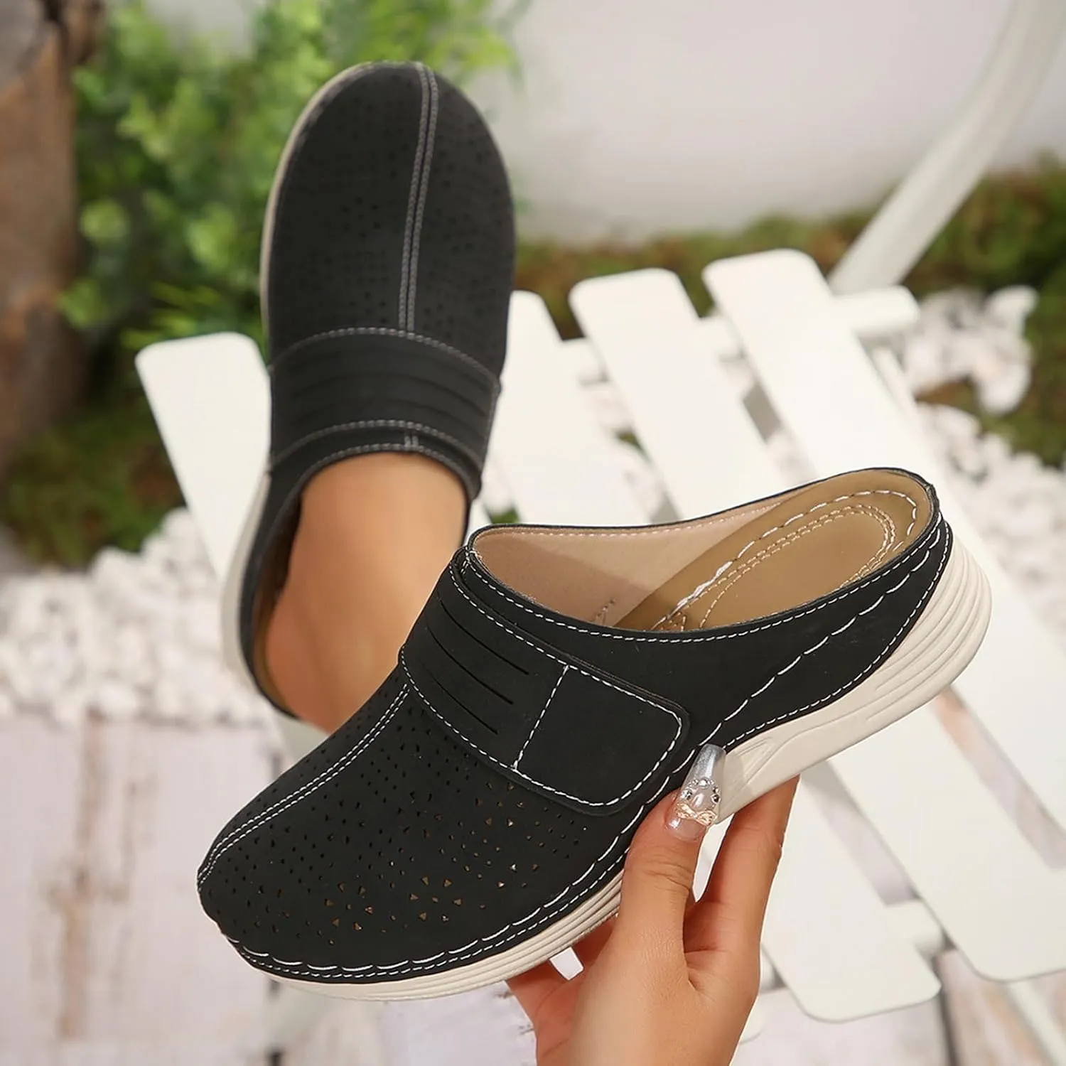 Women's Mules & Clogs Hollow Out Floral Wedge Sandals Dressy Summer Closed Toe Orthopedic Sandals, Slip On Wide Width Backless Shoes Comfortable Walking Slippers