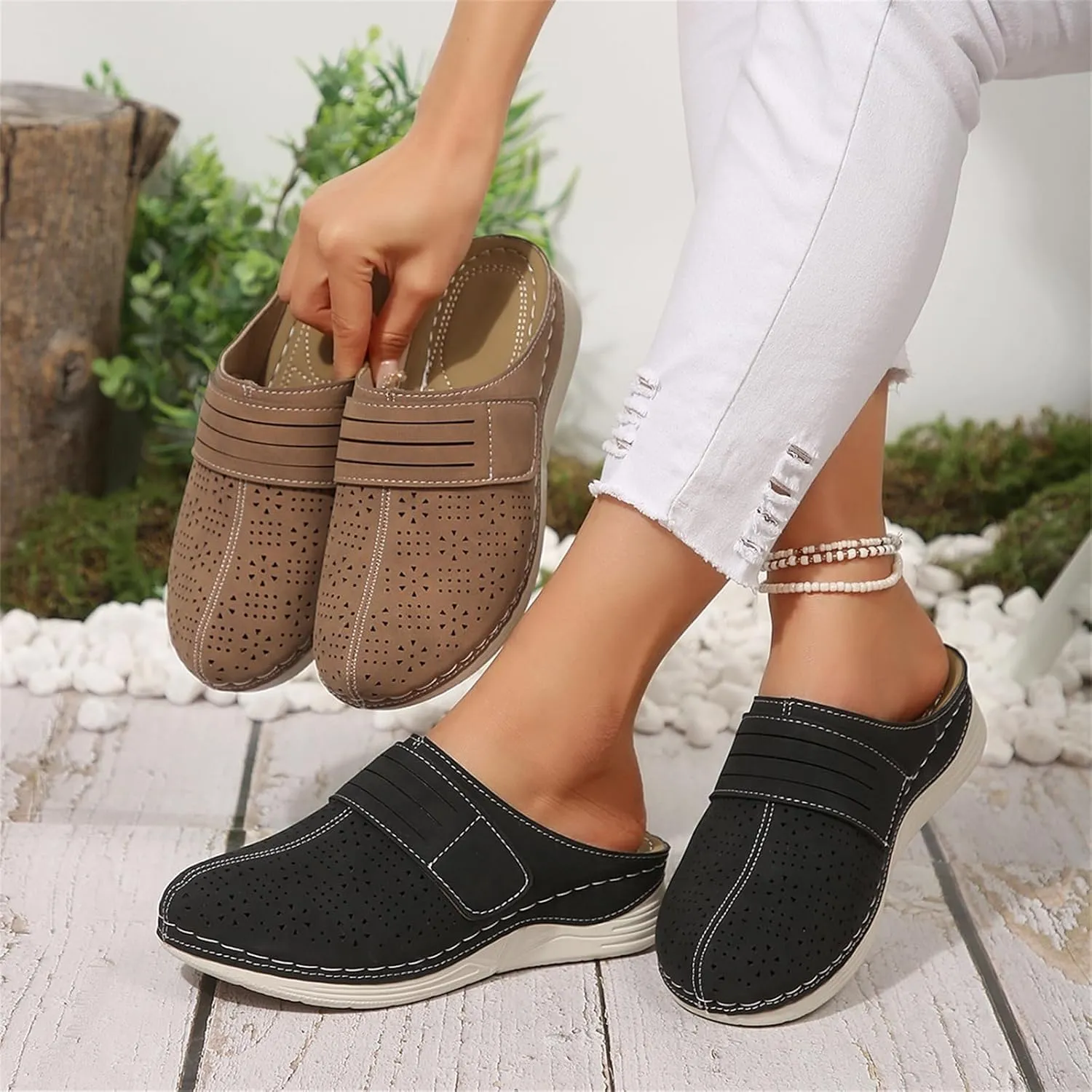 Women's Mules & Clogs Hollow Out Floral Wedge Sandals Dressy Summer Closed Toe Orthopedic Sandals, Slip On Wide Width Backless Shoes Comfortable Walking Slippers