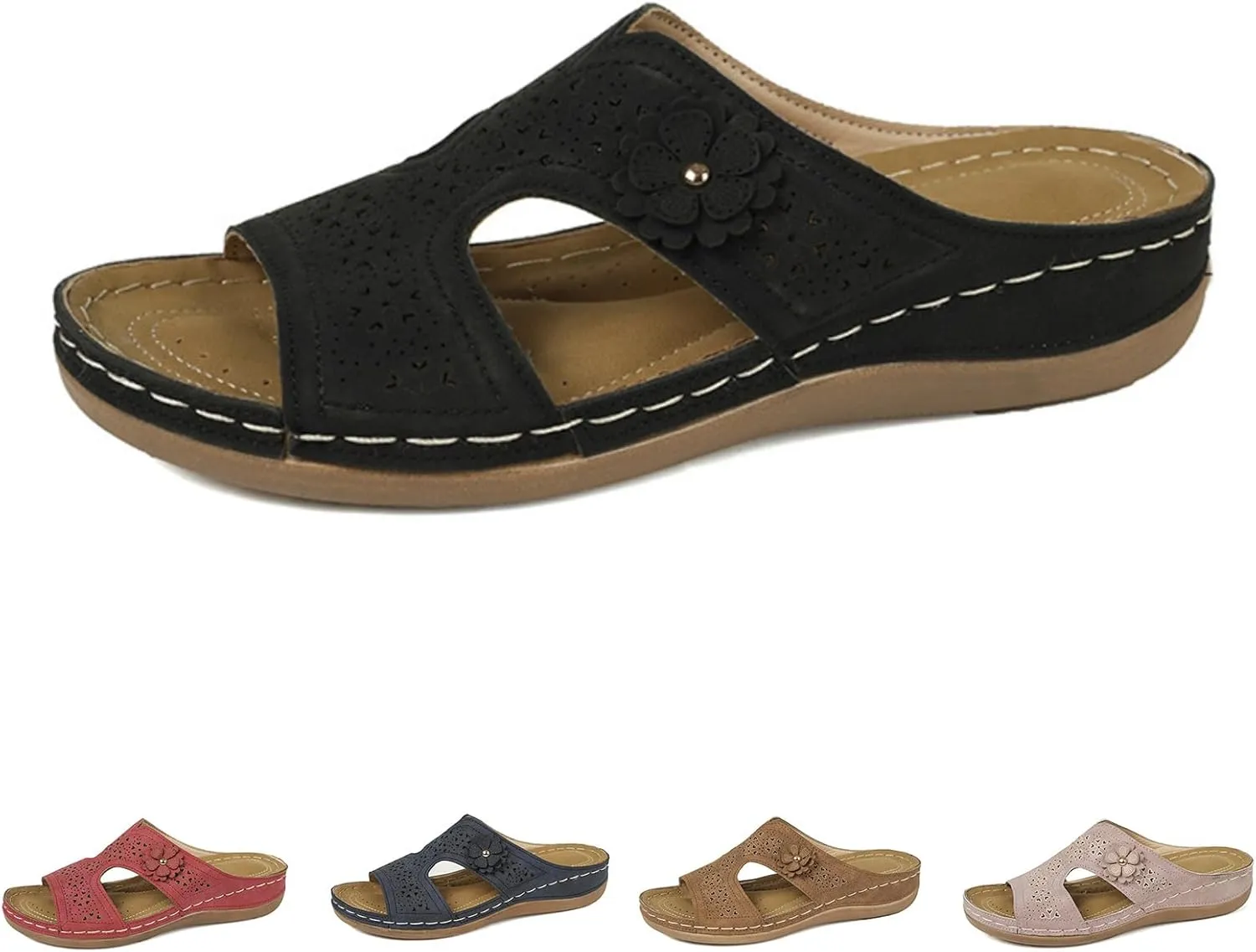 Womens Orthopedic Sandals Arch Support Low Wedge Sandals for Women Dressy Hollow Out Flower Platform Sandal Summer Casual Comfortable Slip On Walking Slippers