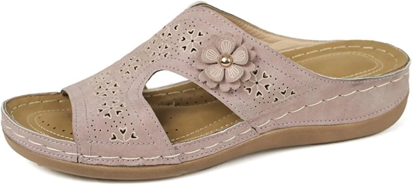 Womens Orthopedic Sandals Arch Support Low Wedge Sandals for Women Dressy Hollow Out Flower Platform Sandal Summer Casual Comfortable Slip On Walking Slippers