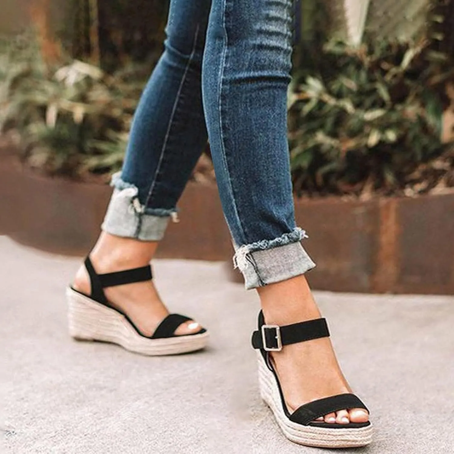 Women's Platform Sandals Wedge Ankle Strap Open Toe Single Bands Espadrille Jute Flat with Buckle Heels High Heeled Dress Espadrilles Elastic Criss-Cross Girls Little Big Kid Wedges Shoes