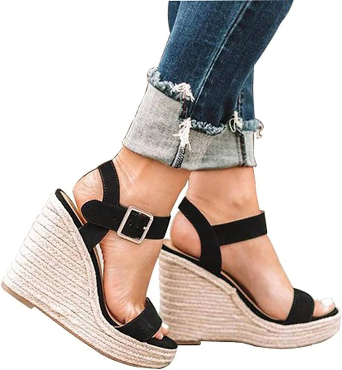 Women's Platform Sandals Wedge Ankle Strap Open Toe Single Bands Espadrille Jute Flat with Buckle Heels High Heeled Dress Espadrilles Elastic Criss-Cross Girls Little Big Kid Wedges Shoes