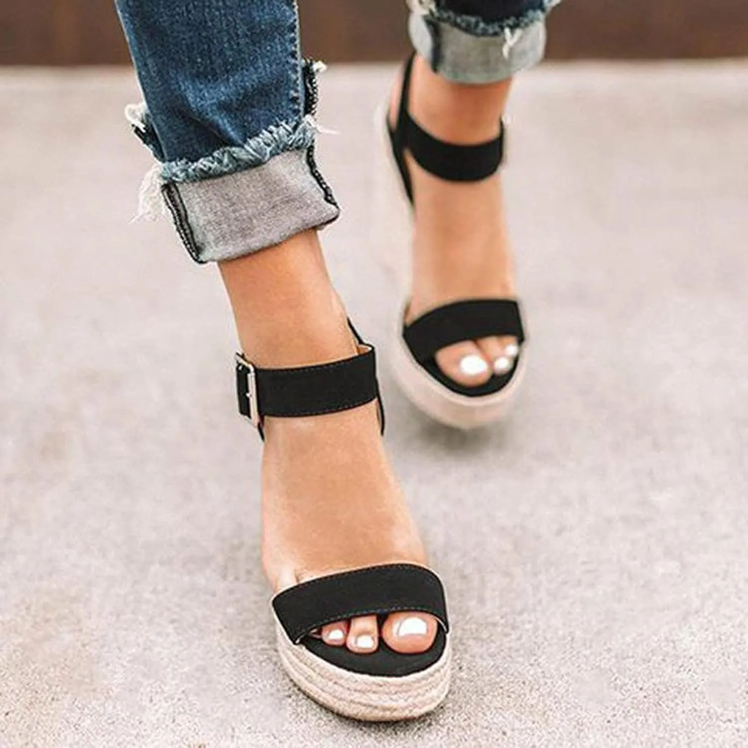 Women's Platform Sandals Wedge Ankle Strap Open Toe Single Bands Espadrille Jute Flat with Buckle Heels High Heeled Dress Espadrilles Elastic Criss-Cross Girls Little Big Kid Wedges Shoes