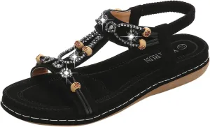 Women's Sandals Arch Support Sandals T-Strap Bohemian Beaded Flat Sandals Summer Beach Shoes Elastic Ankle Strap Sandal