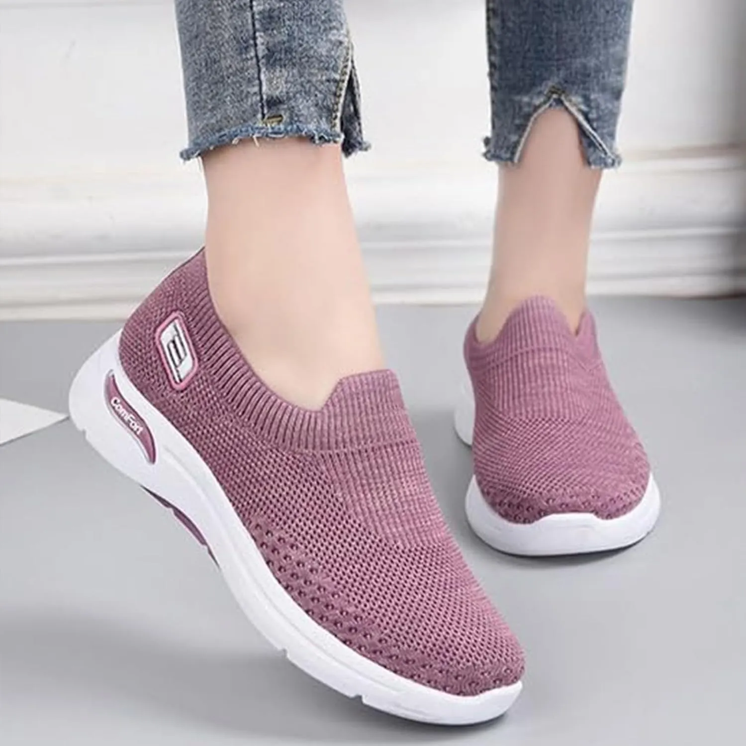 Womens Shoes Free Slip-Ins Relaxed Fit Sport Sneaker Comfortable Soft Sole Slip-On Loafers Tennis Shoes Breathable Fly Woven Mesh Sneakers