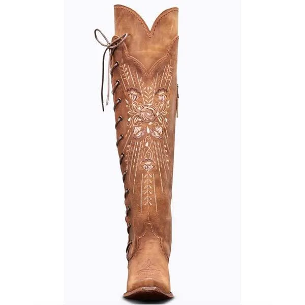 Women'S Side Zip Lace Up Tall Over Embroidery Knee Boots