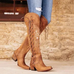 Women'S Side Zip Lace Up Tall Over Embroidery Knee Boots