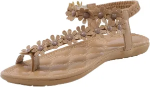 Womens Summer Sandals Elastic Ankle Strap Flat Sandal Floral T-Strap Thong Sandalias De Mujer Comfortable Beach Shoes