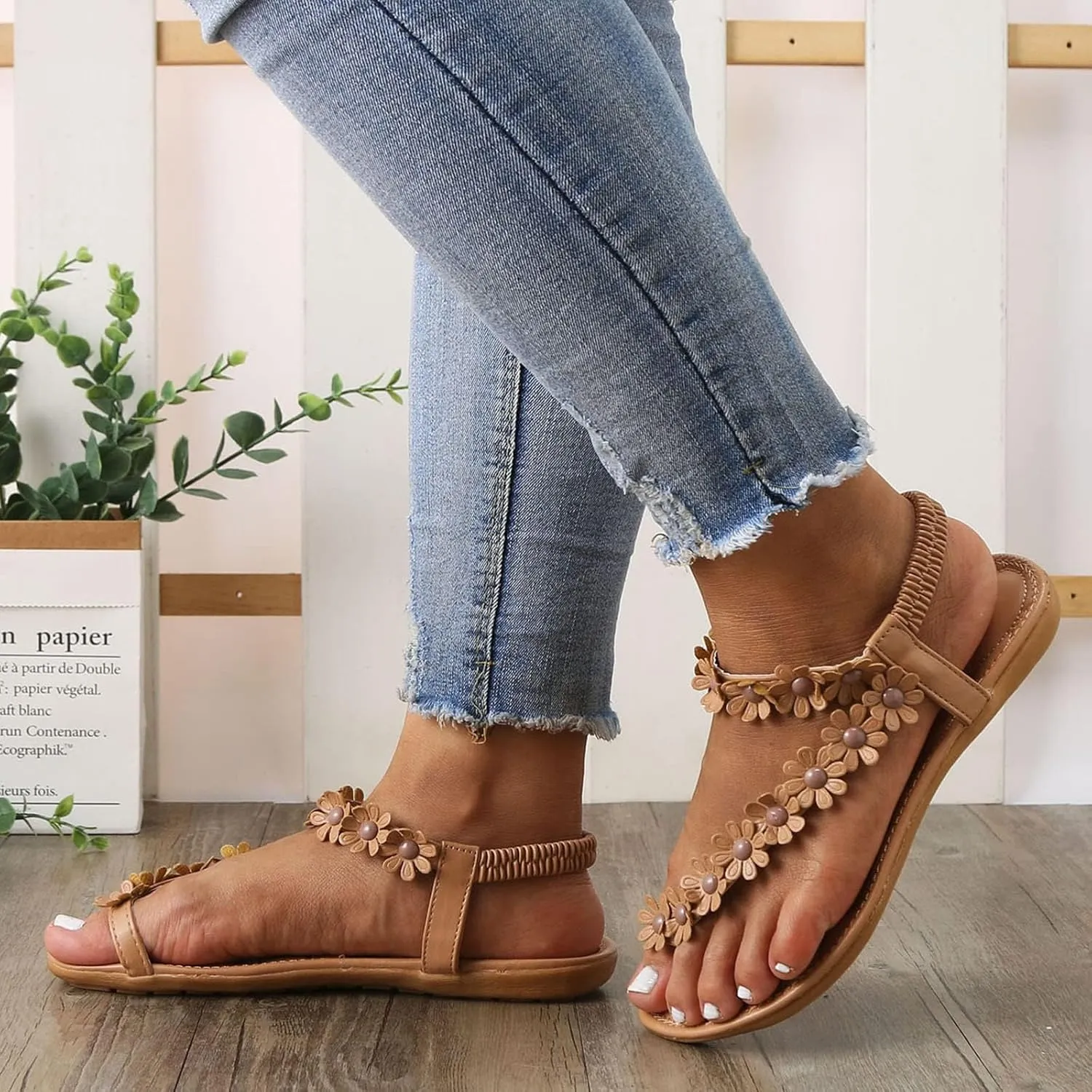 Womens Summer Sandals Elastic Ankle Strap Flat Sandal Floral T-Strap Thong Sandalias De Mujer Comfortable Beach Shoes