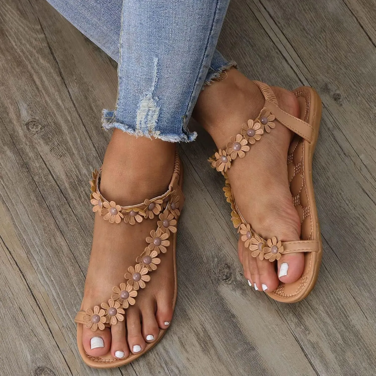 Womens Summer Sandals Elastic Ankle Strap Flat Sandal Floral T-Strap Thong Sandalias De Mujer Comfortable Beach Shoes
