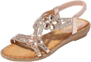 Women's T-Strap Beaded Flower Rhinestone Flat Sandals Dress Beach Shoes Elastic Ankle Strap Low Heel Slides