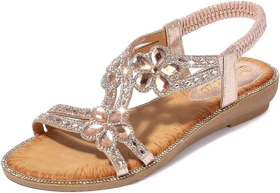 Women's T-Strap Beaded Flower Rhinestone Flat Sandals Dress Beach Shoes Elastic Ankle Strap Low Heel Slides