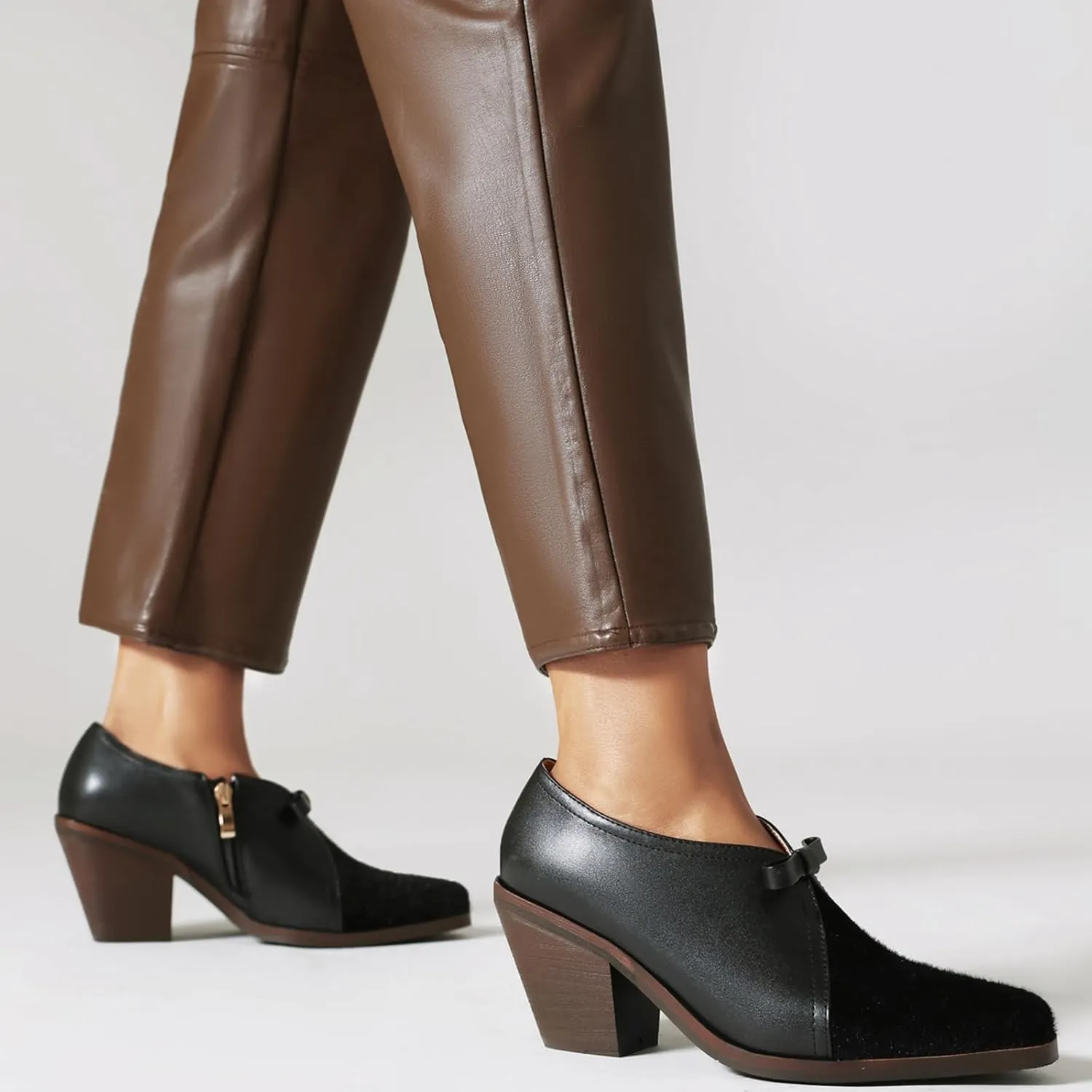 Women's Vintage Stacked Heel Oxfords Wingtip Side Zipper High Heel Brogue Pumps Shoes for Women