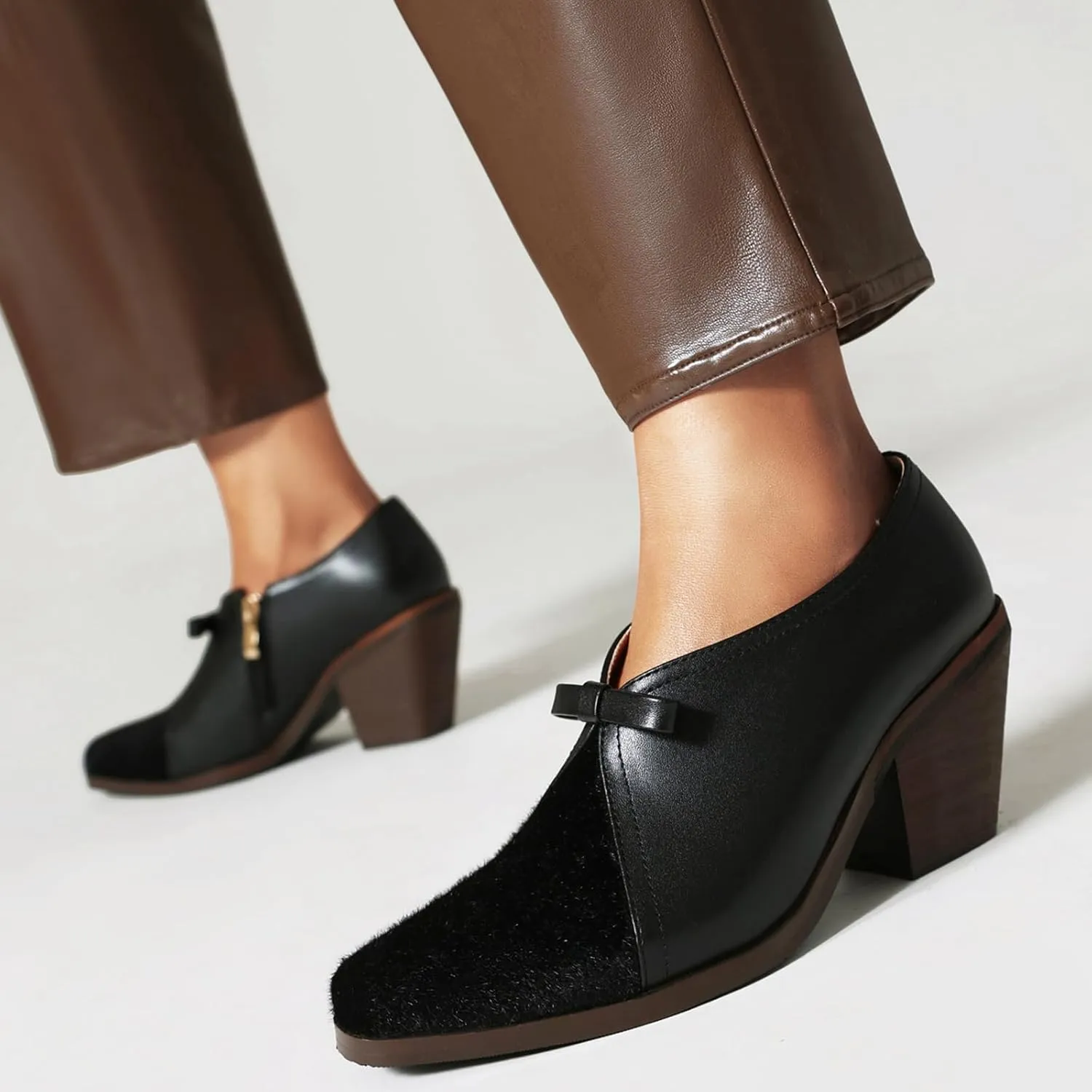 Women's Vintage Stacked Heel Oxfords Wingtip Side Zipper High Heel Brogue Pumps Shoes for Women