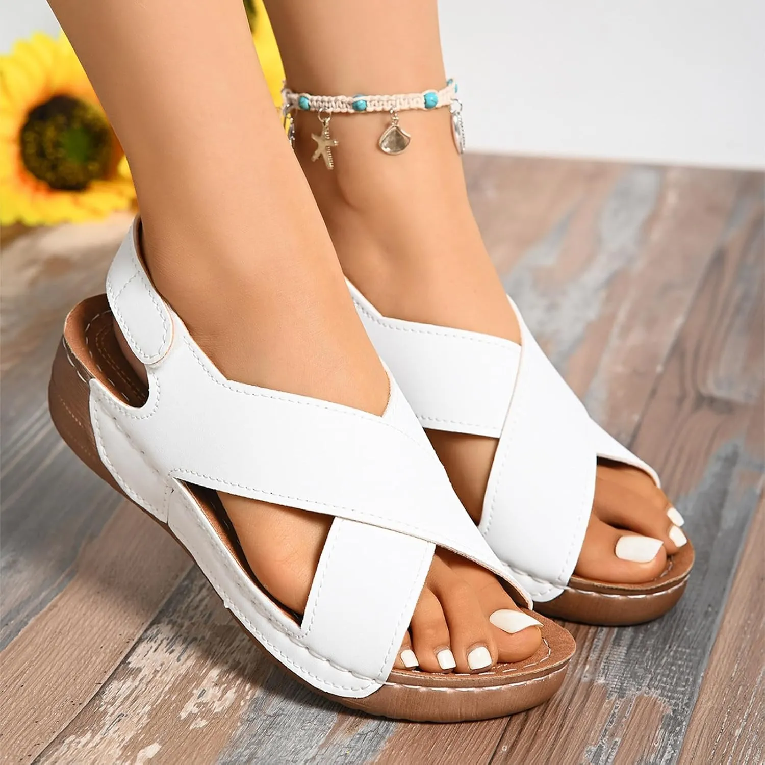 Womens Wedge Sandals Summer Closed Toe for Women Dressy Wedges Crisscross Strap Orthopedic Summer Comfortable with Arch Support Sandal Gladiator Causal Outdoor Beach Athletic Sandal